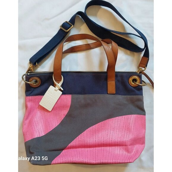 Fossil Womens Multicolor Canvas & Leather Tote Bag With Adjustable Strap & Inter - Picture 2 of 10